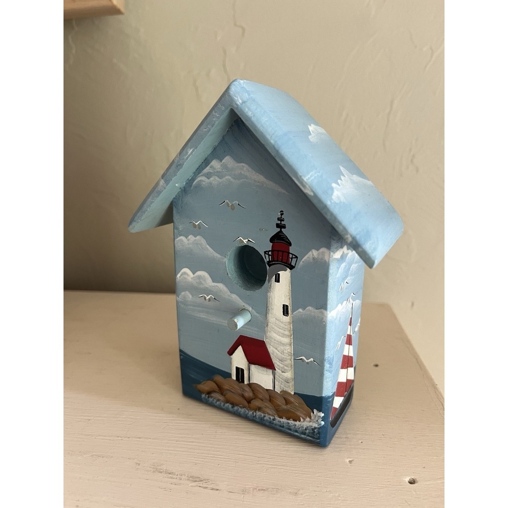 Lighthouse Painted Birdhouse Wood Figure Coastal Nautical Shelf Sitter Decor 5" - Picture 6 of 13